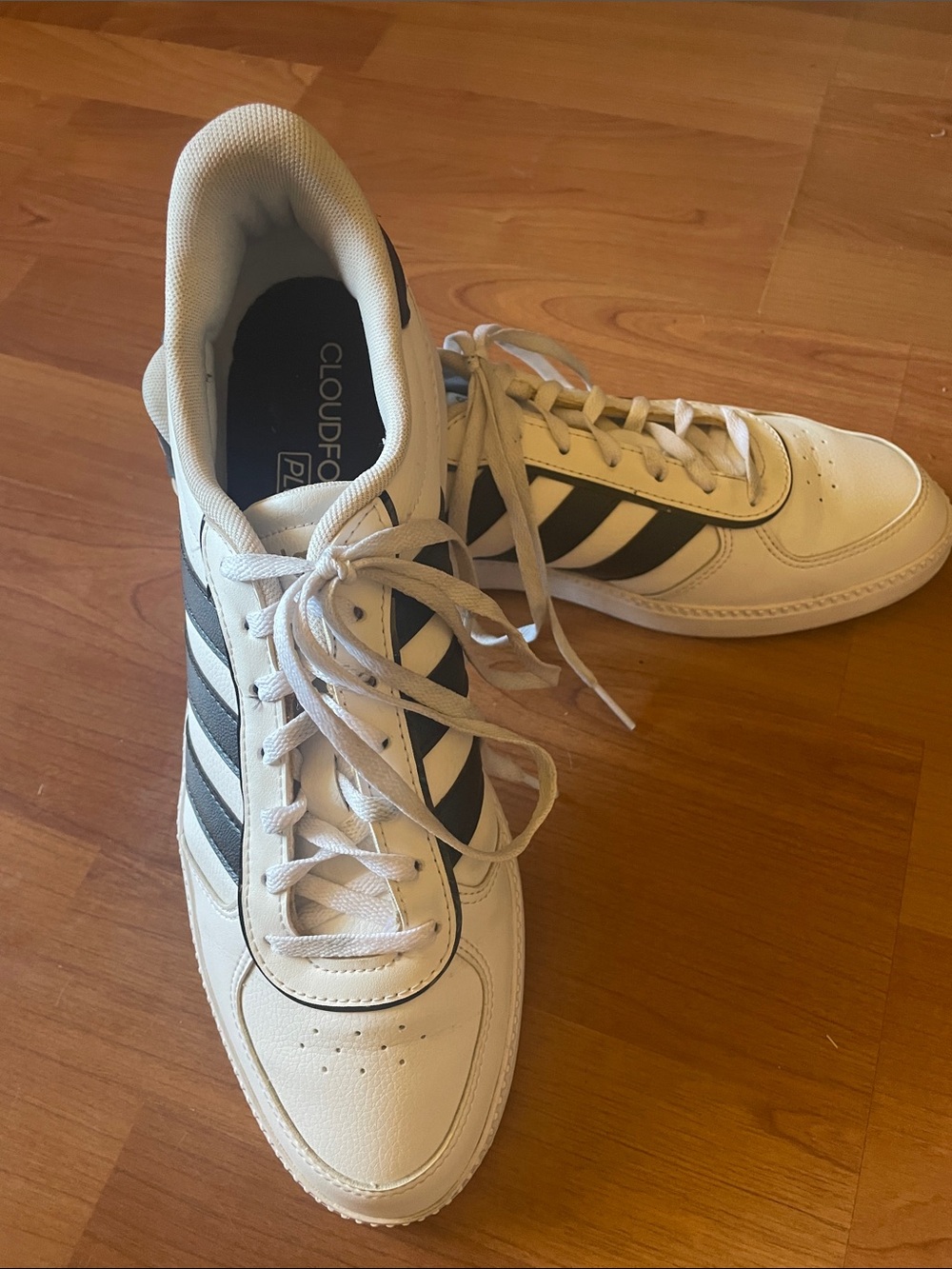 Women’s Adidas, Cloudfoam plus, 9.5 U.S. size, white and black stripped sneakers